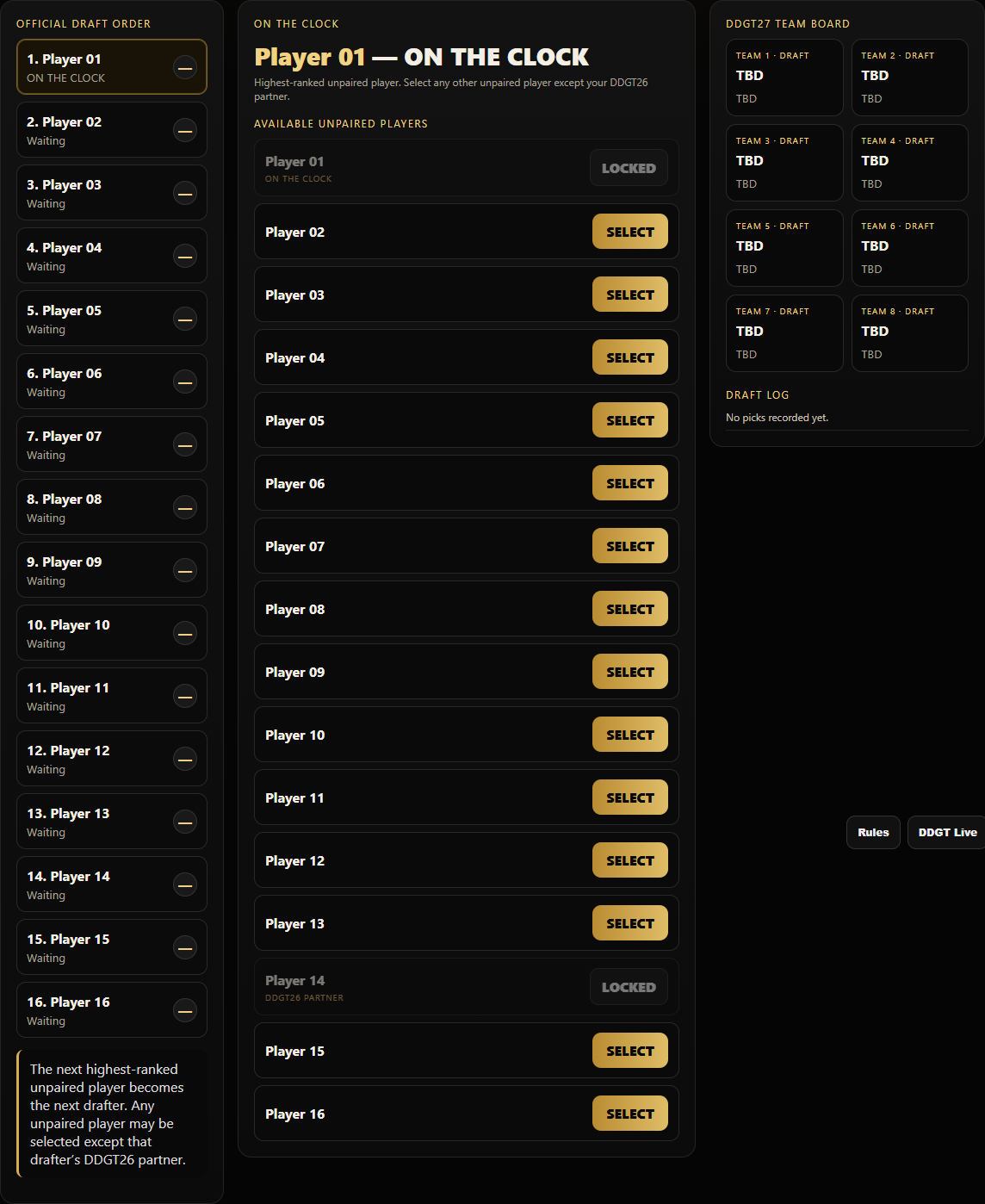 DDGT27 draft-board preview with generic sample players