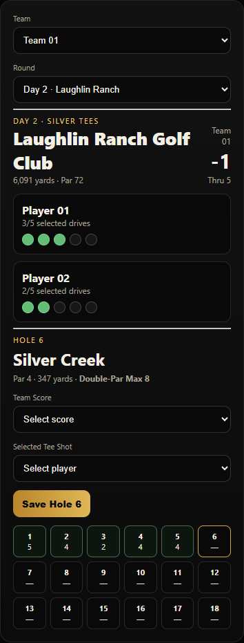 DDGT Live beta scoring preview at Laughlin Ranch, showing a sample team, hole score and selected-drive tracking
